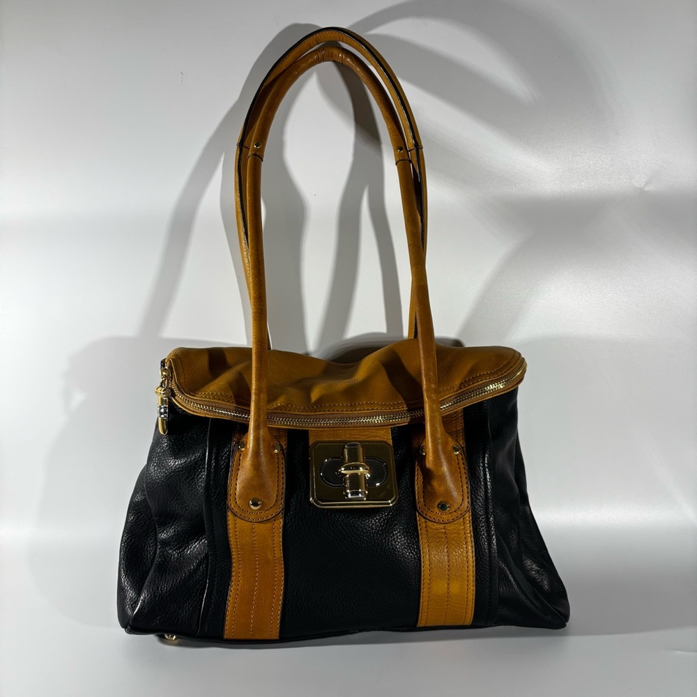 B Makowsky Genuine Leather Hobo Bag Dark Brown and Black With Purple Lining